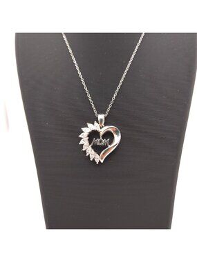 Sterling Silver Heart Pendant Necklace Mom CZ Accents 18" Sterling Chain Gift